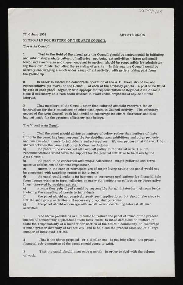‘Typed document entitled, ‘Artists Union: Proposals for Reform of the Arts Council’
