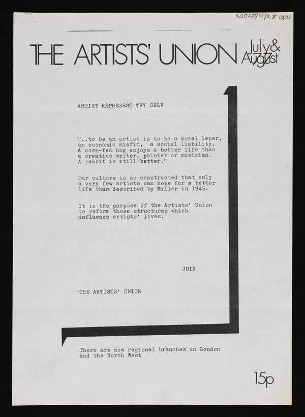 ‘Booklet entitled, ‘The Artists’ Union July & August 77’