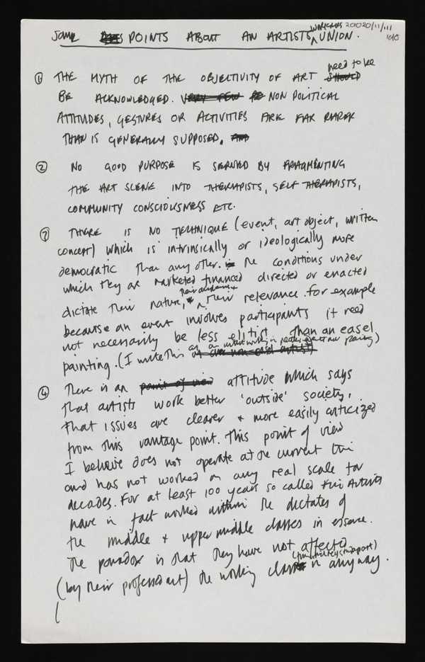 ‘Handwritten notes for a document entitled, ‘Some Points about an Artists Workers Union’, by Conrad Atkinson