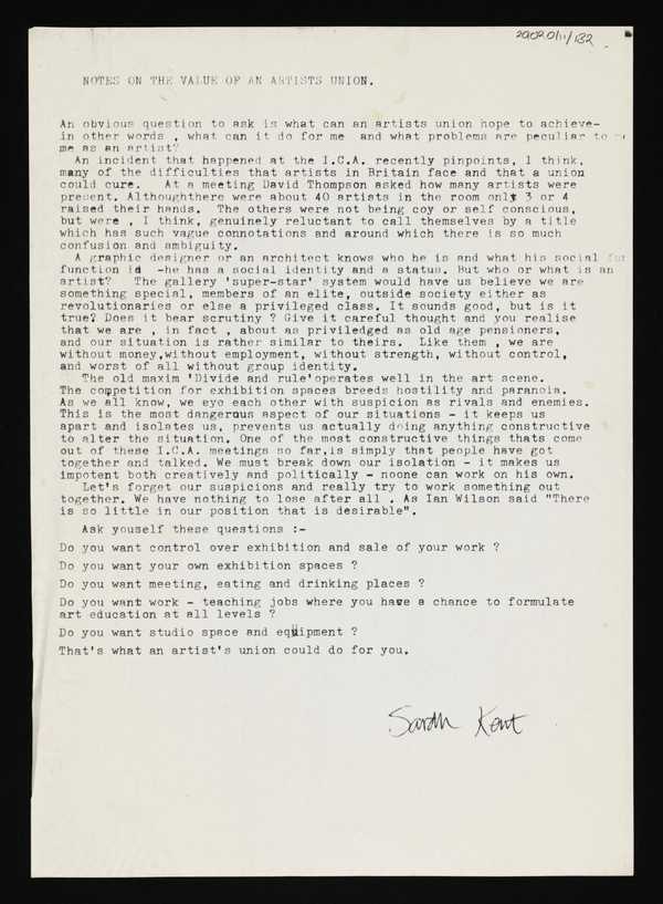 ‘Typed document entitled, ‘Notes on the Value of an Artists Union’, by Sarah Kent