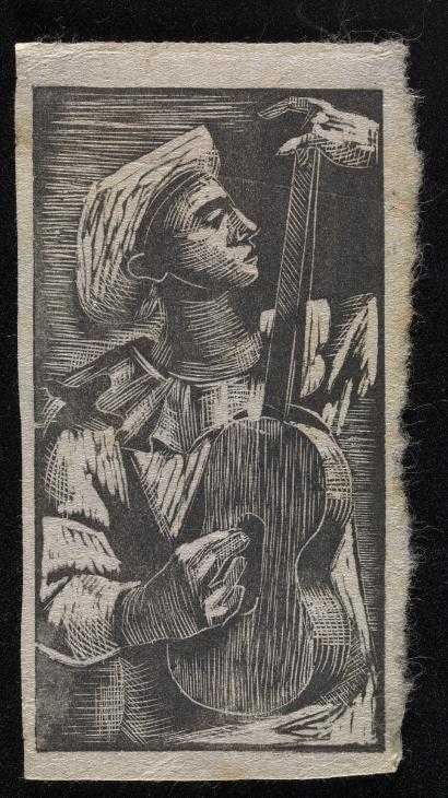 ‘Woodcut print of a man playing a guitar by Robert Medley for the Group Theatre