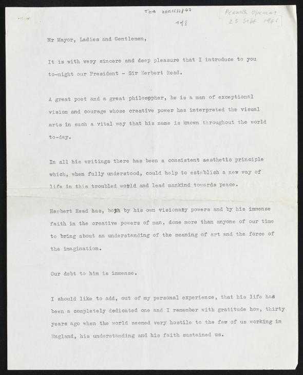 ‘Transcripts of Barbara Hepworth’s talk presenting Herbert Read