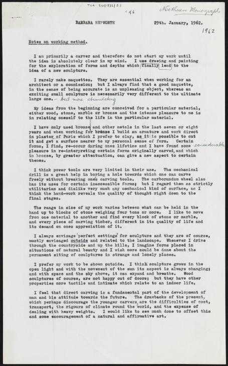 ‘Typescript by Barbara Hepworth, titled ‘Notes on working method’, published by Methuen