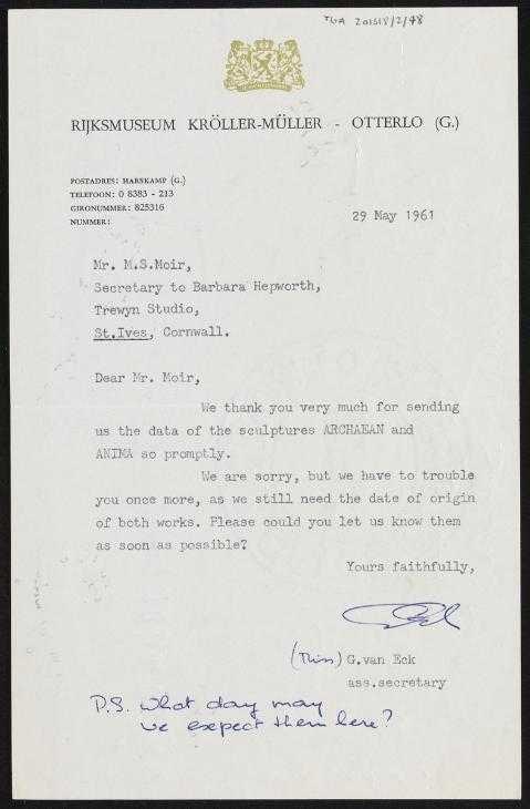 ‘Correspondence between Barbara Hepworth’s secretary and Rijksmuseum Kröller-Müller