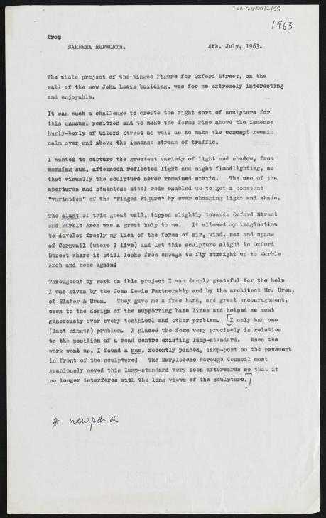 ‘Typescript by Barbara Hepworth relating to her sculpture ‘Winged Figure’