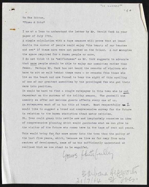 ‘Correspondence between Barbara Hepworth and The Editor of St. Ives ‘Times and Echo’