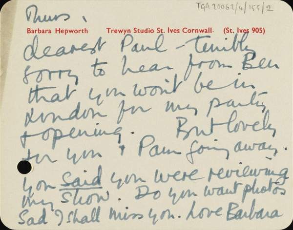 ‘Letter card from Barbara Hepworth to J.P. Hodin