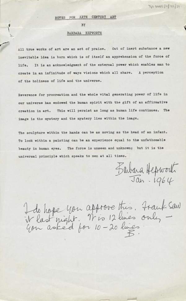 ‘Signed statement from Barbara Hepworth to J.P. Hodin