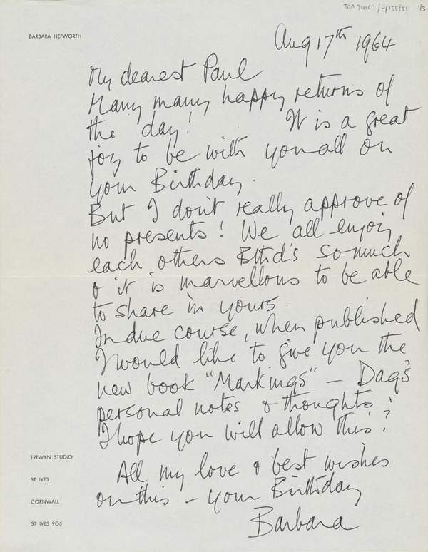 ‘Letter and programme from Barbara Hepworth to J.P. Hodin