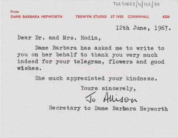 ‘Letter card from Barbara Hepworth’s secretary to J.P. and Pamela Hodin