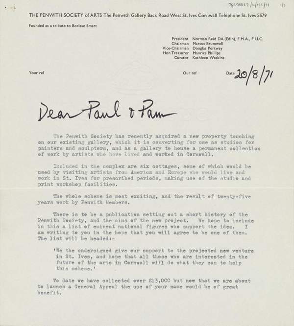 ‘Letter from Barbara Hepworth to J.P. and Pamela Hodin