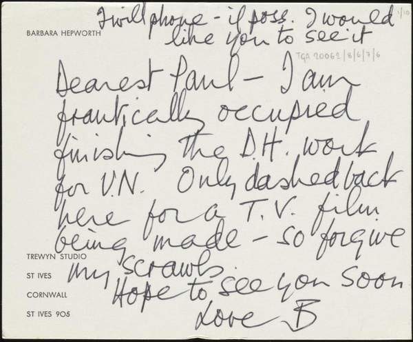‘Questionnaire and letters sent by Barbara Hepworth to J.P. Hodin