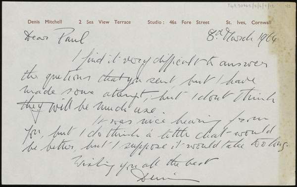 ‘Letter and questionnaire sent by Denis Mitchell to J.P. Hodin
