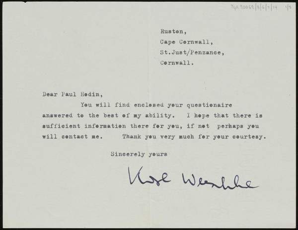 ‘Letter and questionnaire sent by Karl Weschke to J.P. Hodin