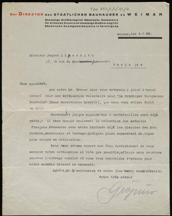 ‘Letter from Walter Gropius to Jacques Lipchitz