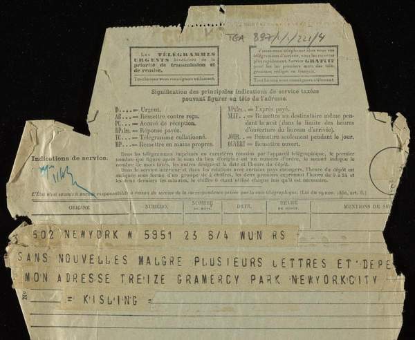 ‘Telegram from [Moise] Kisling, New York, to Jacques Lipchitz, Toulouse