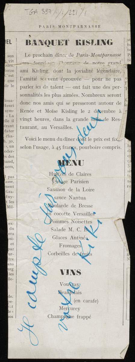 ‘Note from ‘KiKi’ on the cutting from ‘Paris Montparnasse’