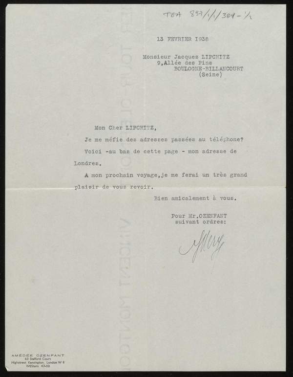 ‘Letter from Amédée Ozenfant to Jacques Lipchitz