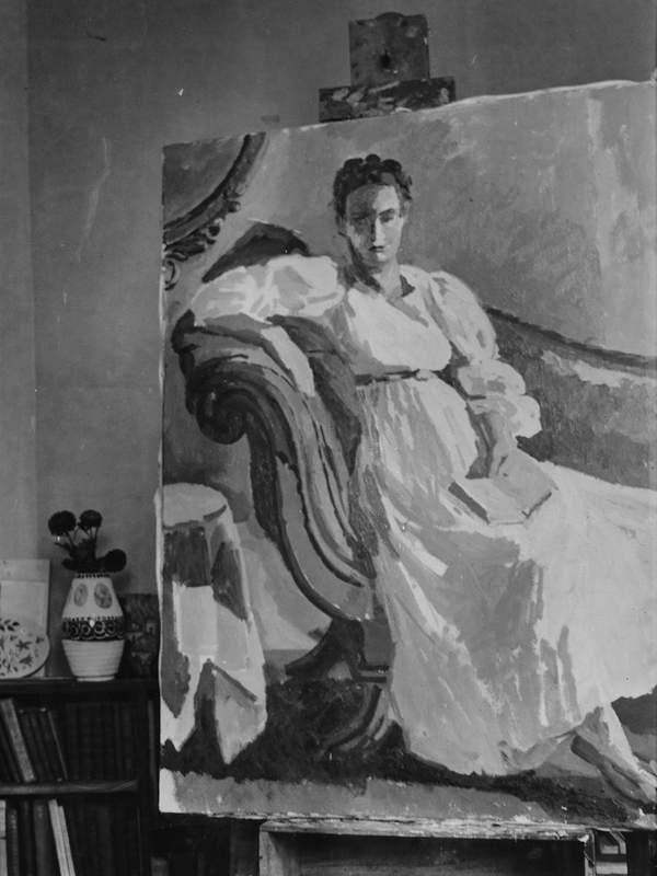 ‘Black and white negative of a portrait of Angelica Bell by Duncan Grant at Charleston, Firle, Sussex