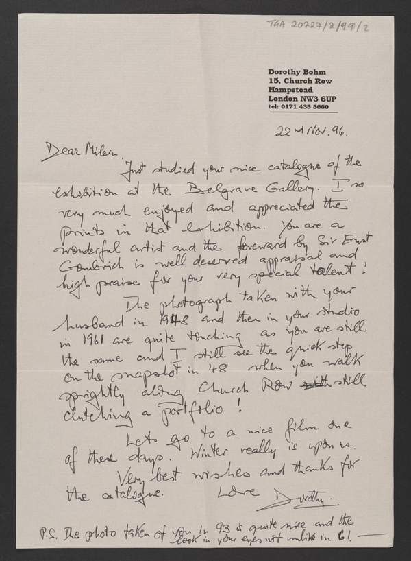 ‘Letter from Dorothy Bohm to Milein Cosman