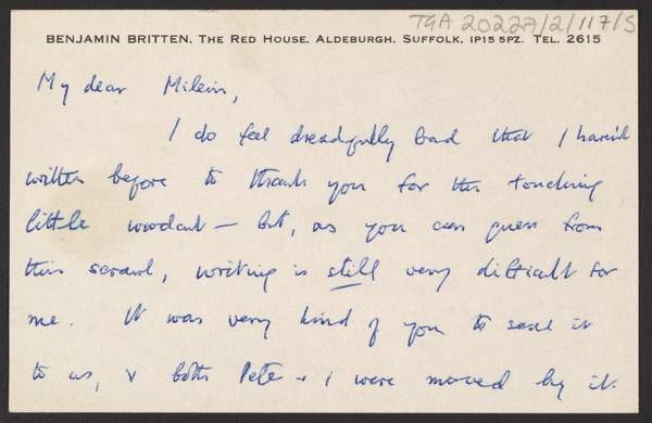 ‘Letter from Benjamin Britten to Milein Cosman