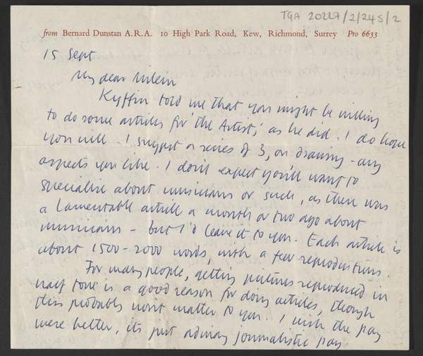 ‘Letter from Bernard Dunstan to Milein Cosman
