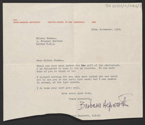‘Letter from Barbara Hepworth to Milein Cosman