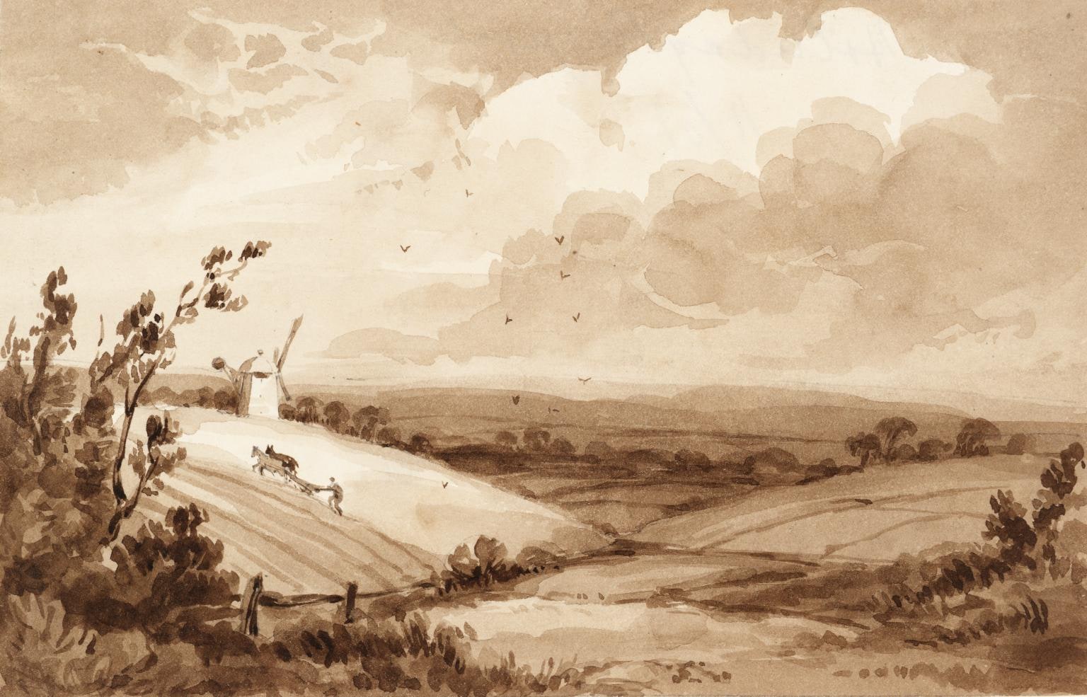 Landscape with Windmill and Man Ploughing