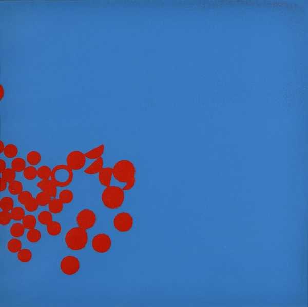 Vermillion Discs onto Turquoise Square