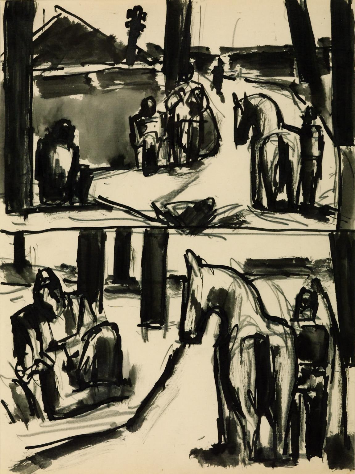 Two Separate Sketches for Whole Composition, Pony at Right