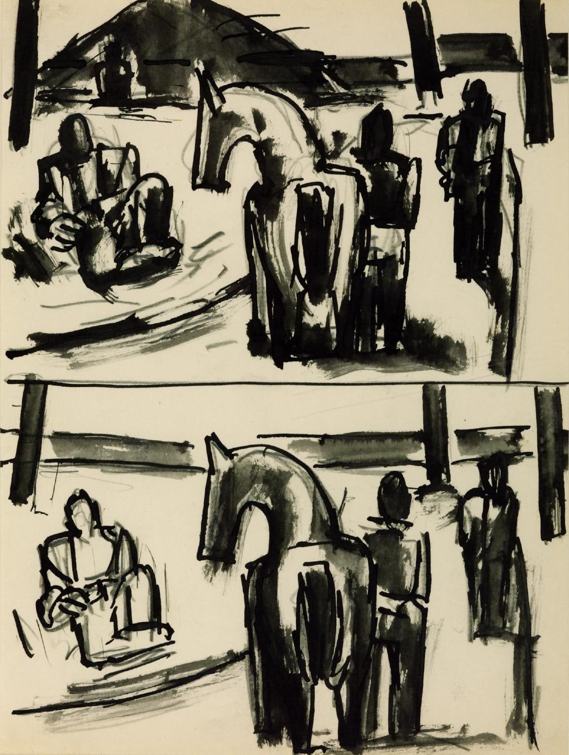 Two Separate Sketches for Whole Composition, Pony at Centre