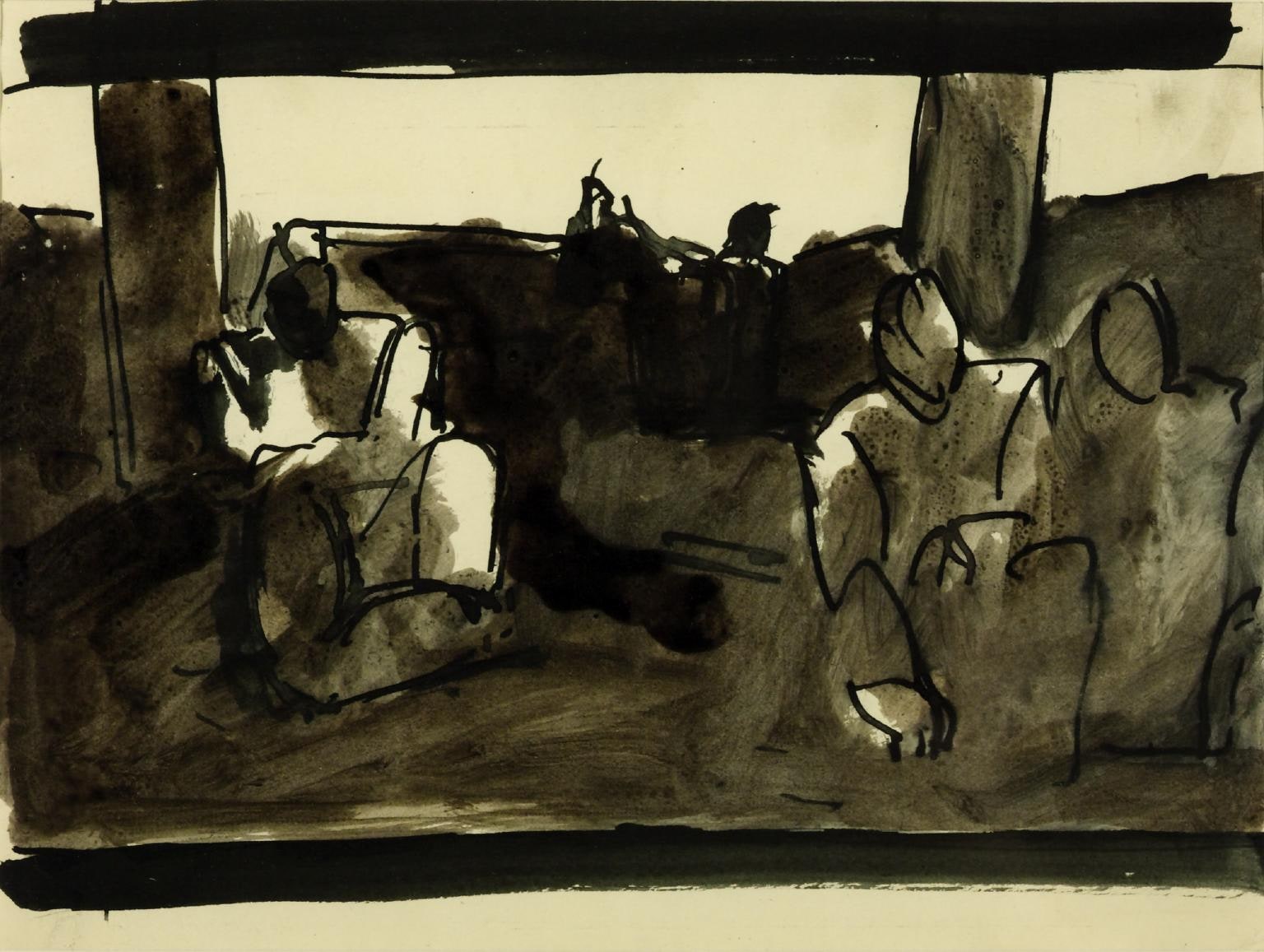 Three Seated Miners, Miner with Pony in Background