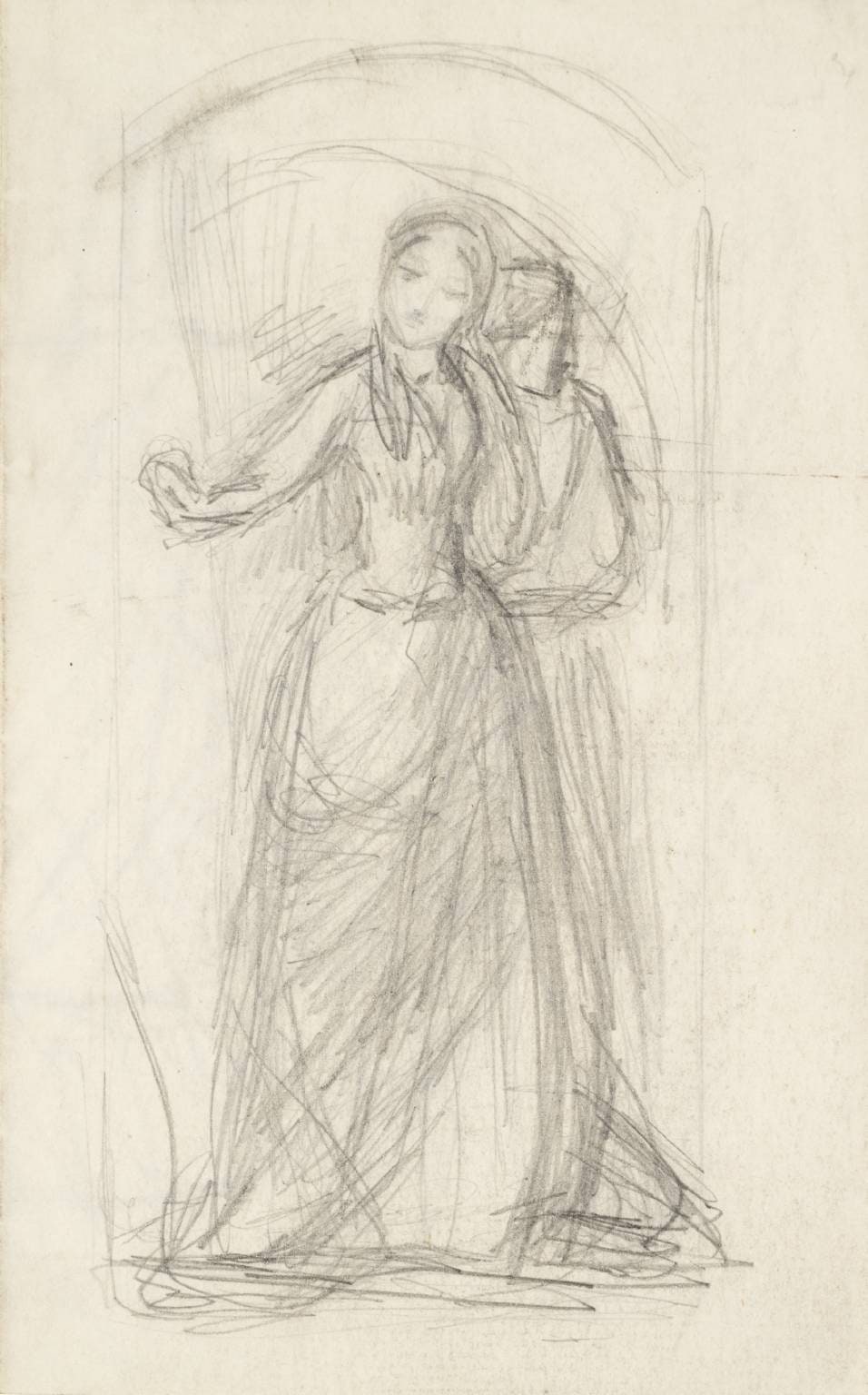 Study for ‘Madeline and Porphyro Escaping from the Castle’ for the Right-hand Panel of ‘The Eve of St Agnes’. Verso: ?Study for ‘The Seed of David’ by D.G. Rossetti