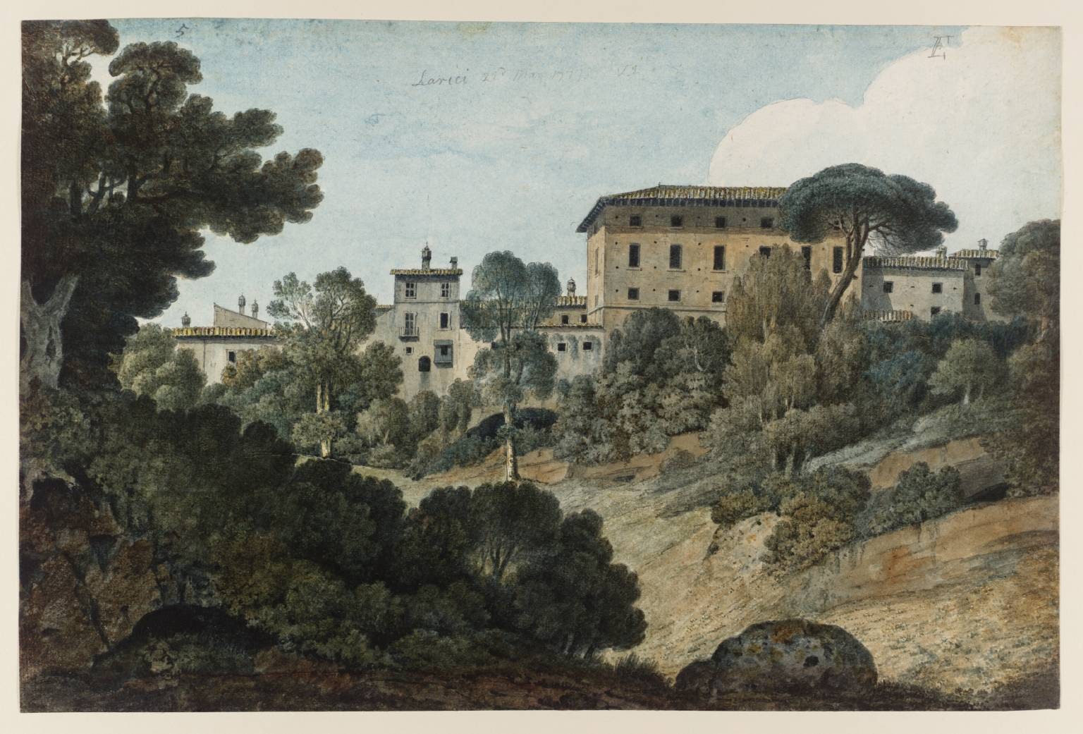 Ariccia, Buildings on the Edge of the Town. Verso: Relative Positions of the Benedictine Convent of the Madona of the Galoro near Larici and the Gardens of the Convent of the Capuchins at Albano as Well as the Dome of the Church at L’Arriccia