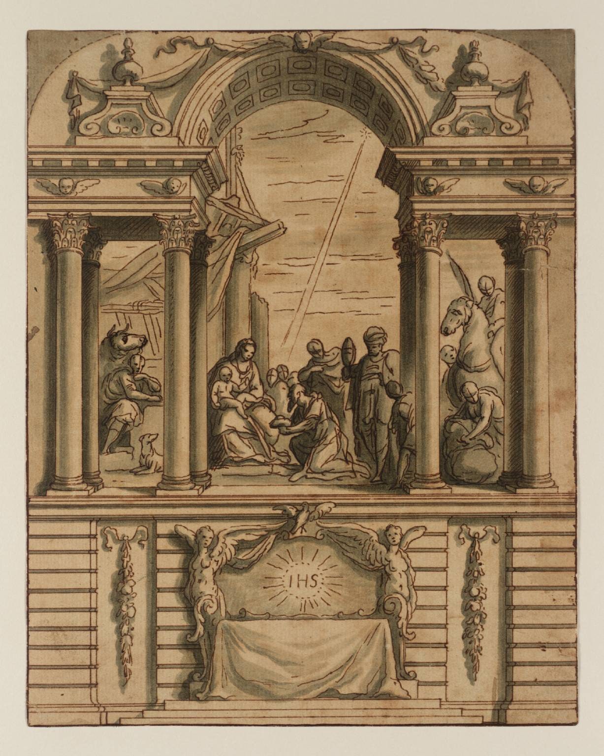 Architectural Decoration, Design for an Altarpiece: Scene under a Barrel Vault Supported by Four Pairs of Detached Columns