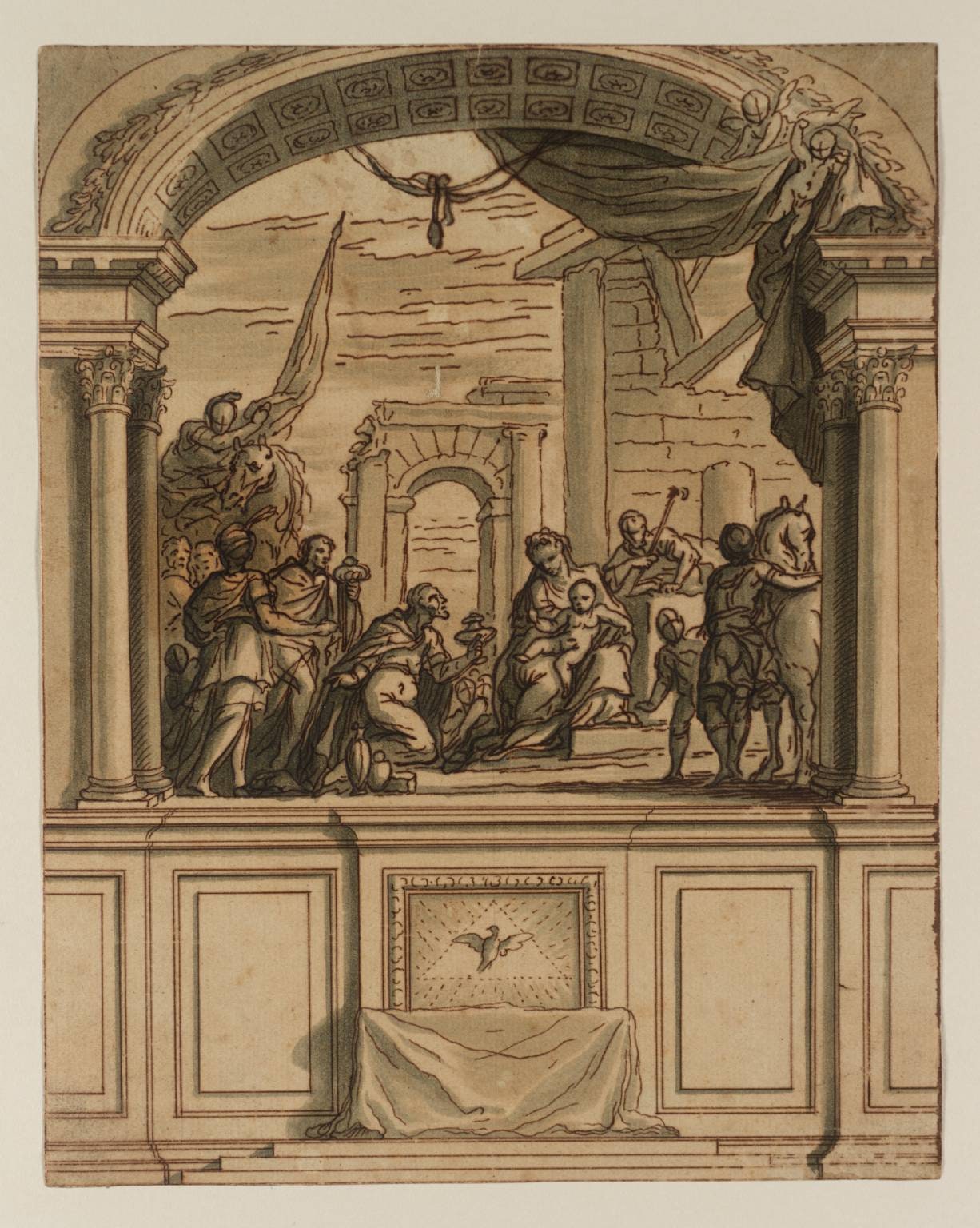 Architectural Decoration, Design for an Altarpiece: Scene under a Wide Vault Supported by Two Pairs of Columns