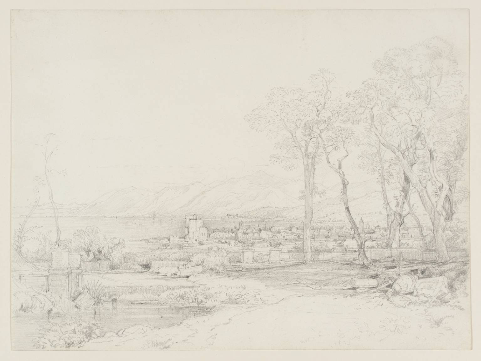 Composition: A Town by a Lake with Trees