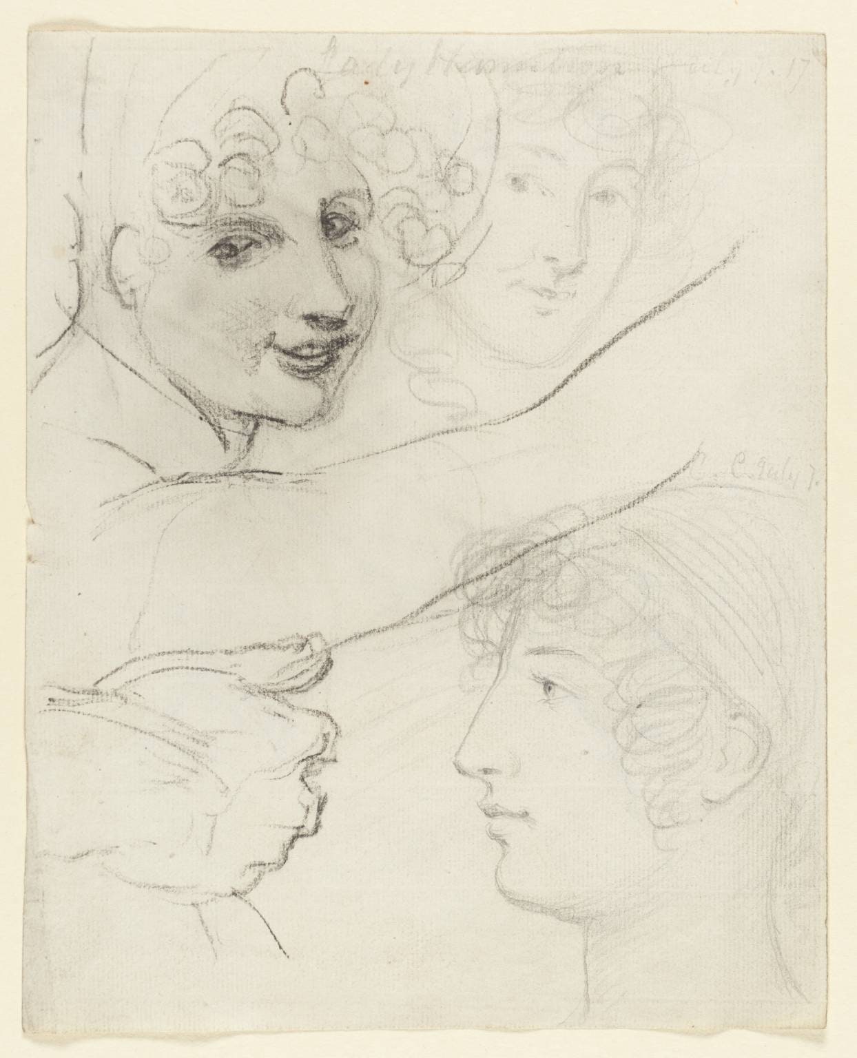 Sheet of Studies: Three Female Heads, an Arm and a Hand. Verso: Heroic Male Nude and a Face in Profile