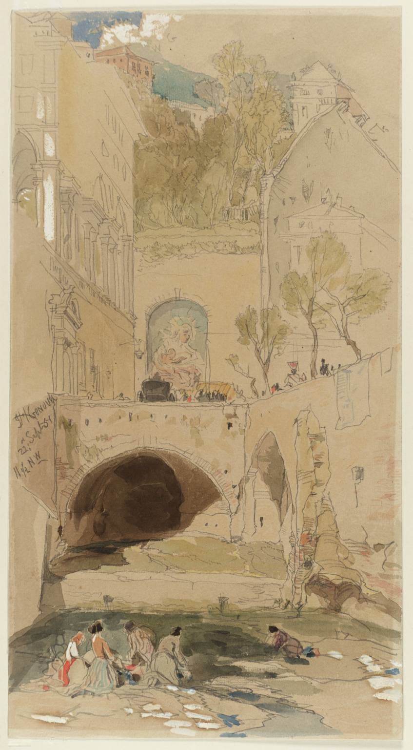 Genoa; Women Washing in a Stream beneath Buildings