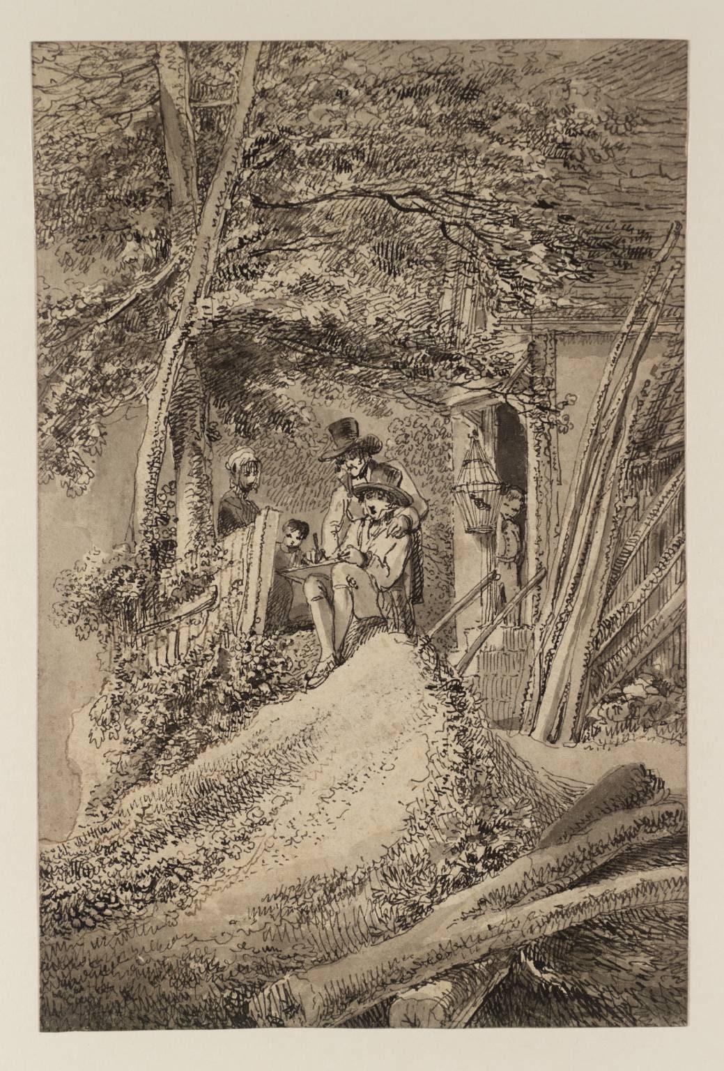 A Sketching Lesson at a Cottage Door
