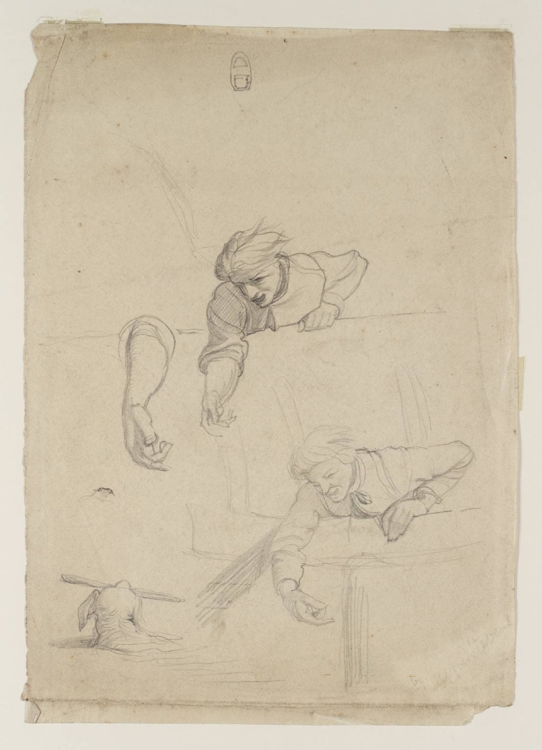 Studies of a Man Leaning over a Balustrade; the Head of a Dog Carrying a Stick. Verso: Sketch