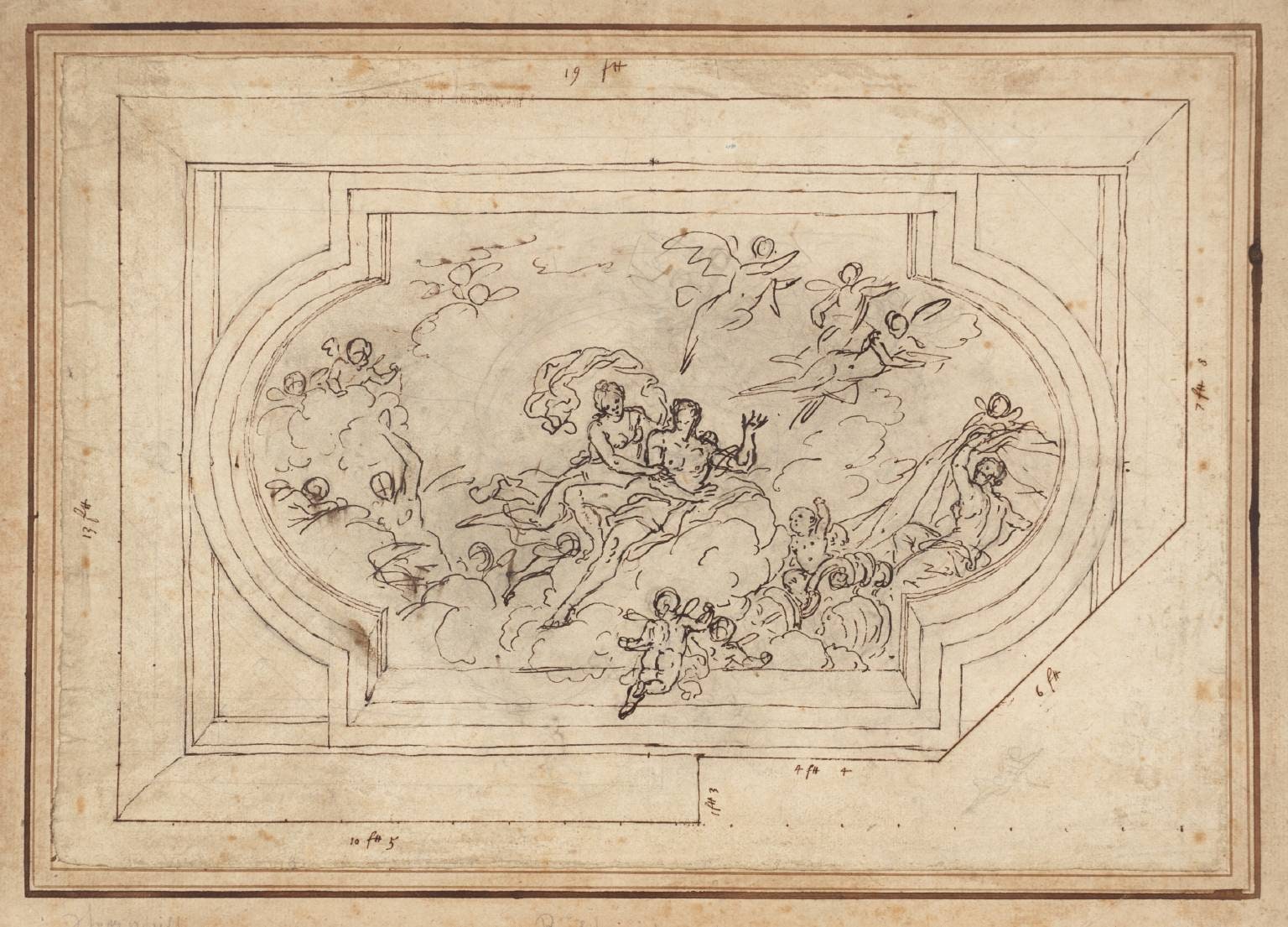Design for a Ceiling with Curved Ends. Verso: Numerous Designs for the Central Motif