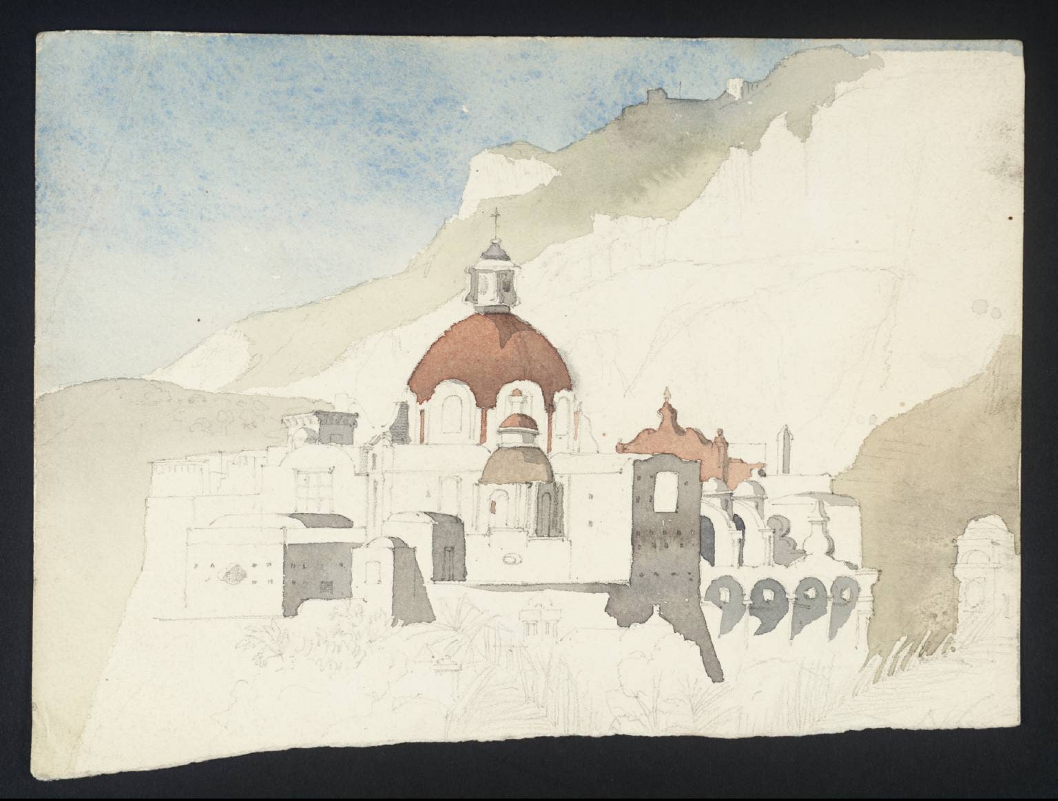 Sketch of a Church, Italian (or Perhaps Spanish) under a Cliff