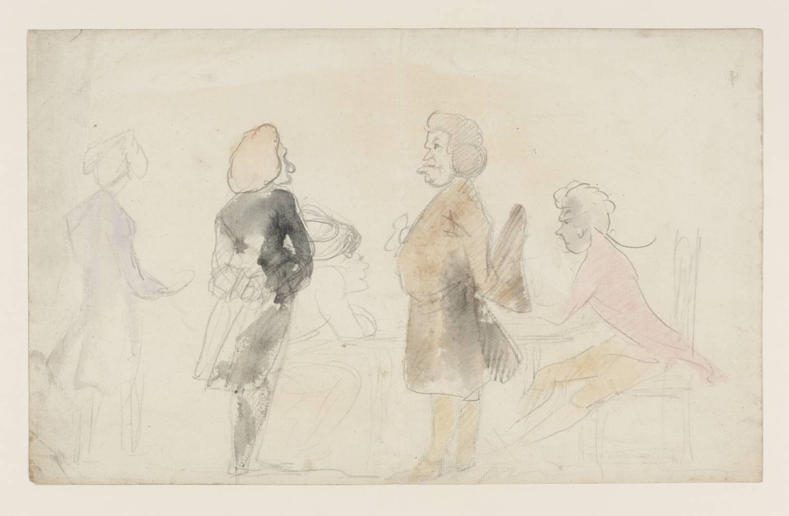Scene in a Coffee House. Caricature. Verso: Drawings