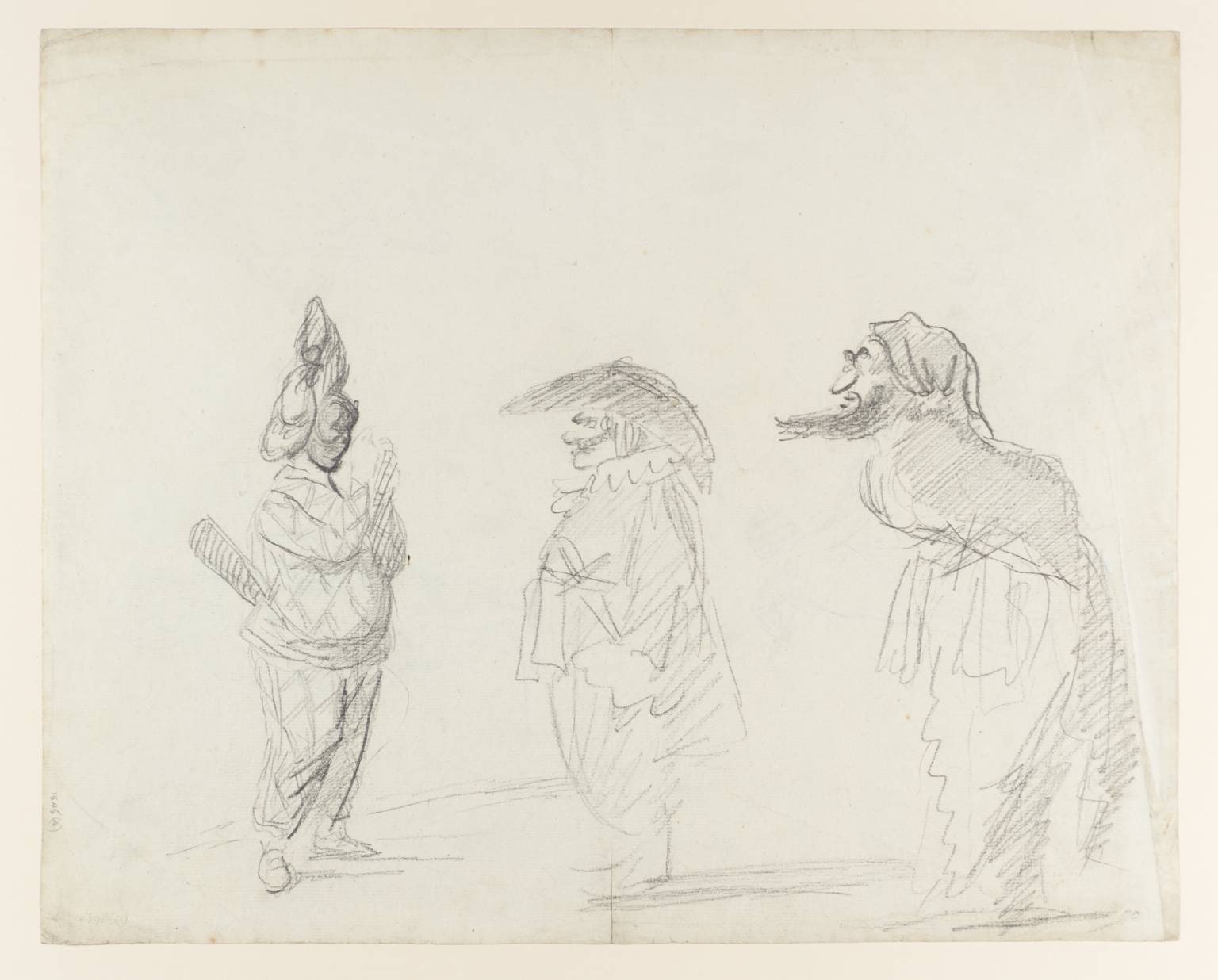 Three Figures from a Harlequinade. Verso: Two Figures and a Head, and a Man with Pitchfork Attacking a Recumbent Harlequin