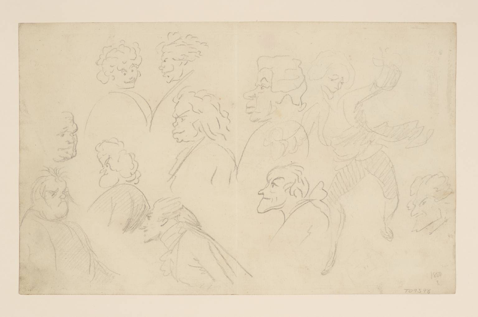 Sheet of Caricature Heads (Eleven). Verso: (a) Two Men Conversing; (b) A Man and Woman Embracing