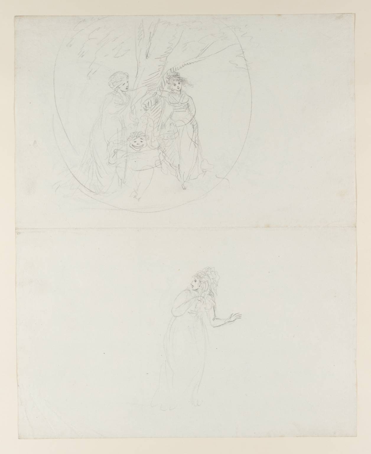 Various Sketches, Possibly Theatrical: A Nymph and a Figure with Asses’ Ears Blowing a Trumpet, Carrying a Banner; a Similar Pair; Two Female Figures under a Tree, and a Comic Putto or Faun; Studies for These; A Standing Woman. Double-Sided