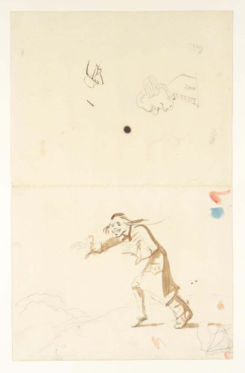 A Man Wearing One Top-Boot. Verso: Heads, Etc., and a Scrawl