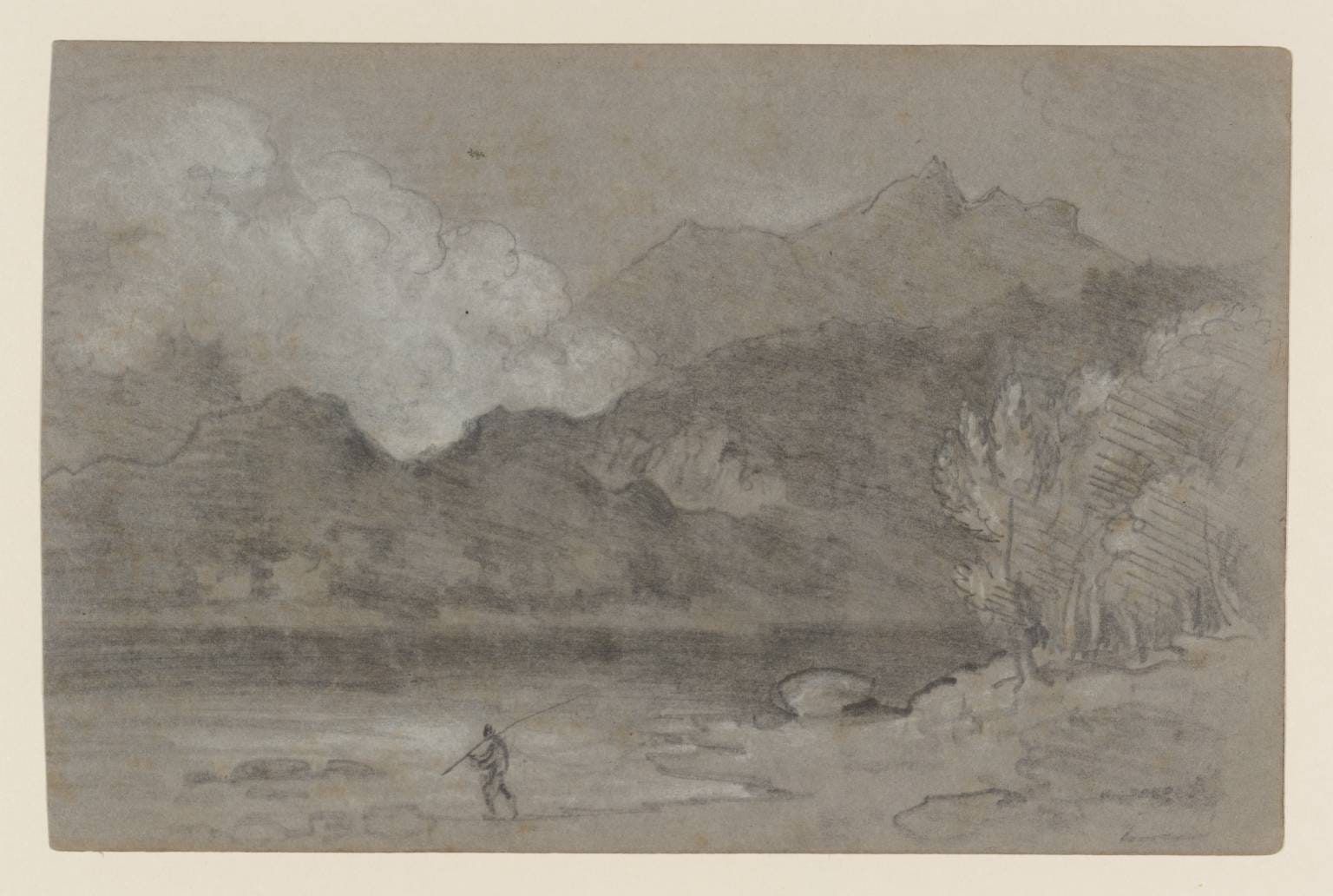 Lake and Mountains with Fisherman