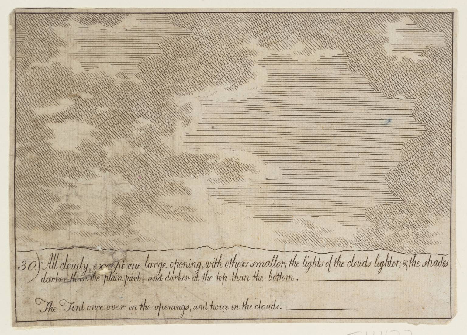 30. All Cloudy, except One Large Opening, with Others Smaller, the Lights of the Clouds Lighter; and the Shades Darker than the Plain Part, and Darker at the Top than the Bottom. The Tint Twice Over in the Openings, and Twice in the Clouds